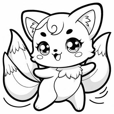 A Cute Round Chibi Kitsune With Big Sparkling Eyes... Coloring Page