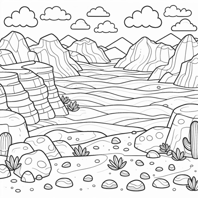 A Vast Desert With Rocky Terrain Distant Sand... Coloring Page