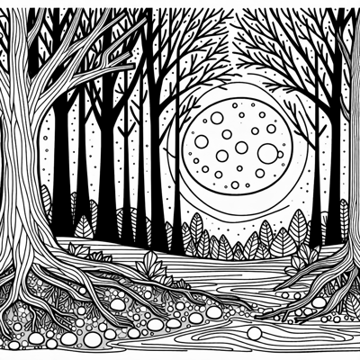 A Forest With Tall Bare Trees And A Glowing Full... Coloring Page