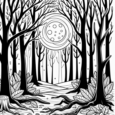 A Forest With Tall Bare Trees And A Glowing Full... Coloring Page