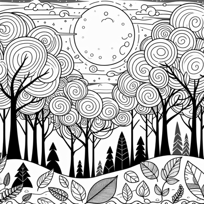 A Forest With Tall Bare Trees And A Glowing Full... Coloring Page