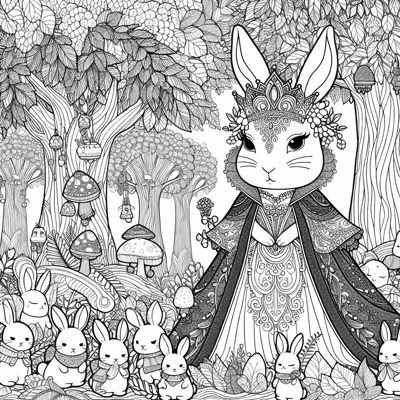 Bunny Queen Surrounded By Little Bunnies In An... Coloring Page