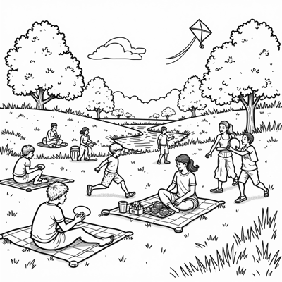 A Detailed Outdoor Summer Picture With People In... Coloring Page