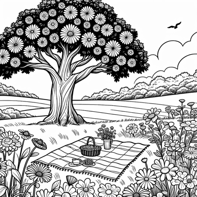 Field With Flowers And A Big Oak Tree With Picnic... Coloring Page