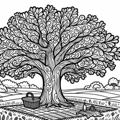 Field With A Big Oak Tree With Picnic Blanket... Coloring Page