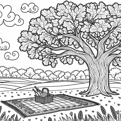 Field With A Big Oak Tree With Picnic Blanket... Coloring Page