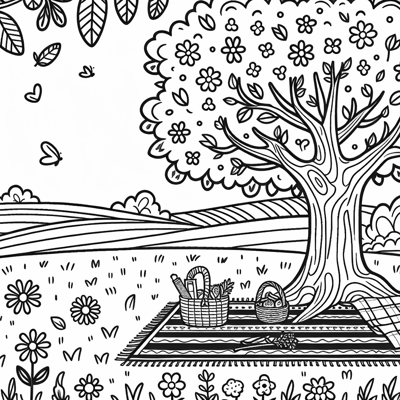 Field With A Big Oak Tree With Picnic Blanket... Coloring Page