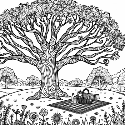 Field With A Big Oak Tree With Picnic Blanket... Coloring Page