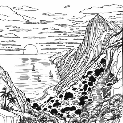 A Mountain View With Sea Coloring Page