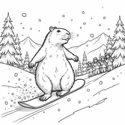 A Capybara Snowboarding Down A Mountain With 80s... Coloring Page