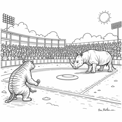 A Badger A Tiger And A Rhino All Playing Baseball... Coloring Page