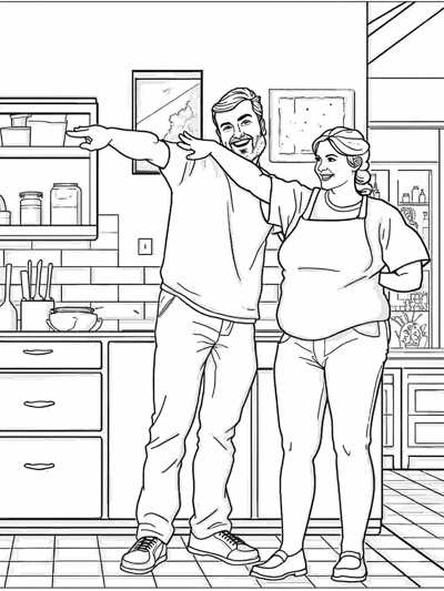 A Man And A Woman Standing In A Kitchen. Coloring Page