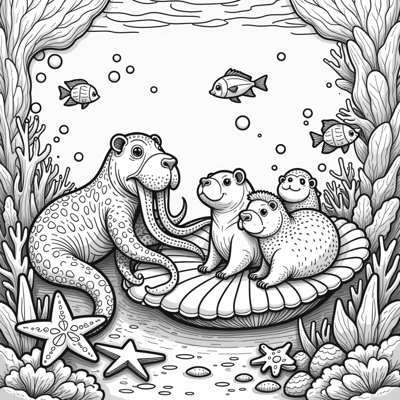 A Whimsical Underwater Scene Featuring A Kraken... Coloring Page