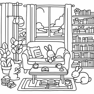 A Bunny Sitting On A Rug In A Cozy Living Room... Coloring Page