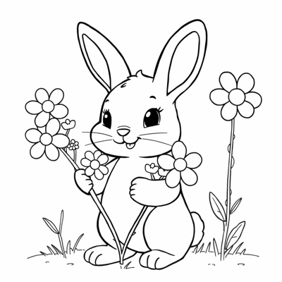 Cute Bunny Holding Flowers Coloring Page
