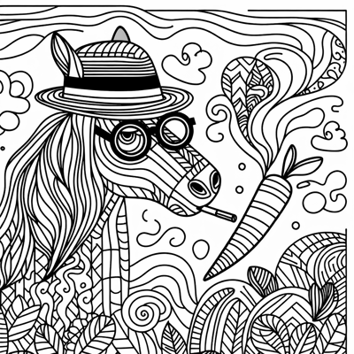 A Horse Wearing A Hat And Eyeglasses And Smoking A... Coloring Page