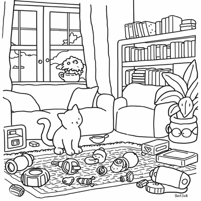 Cat Plays With Capybara Coloring Page