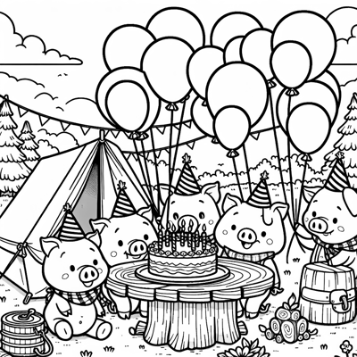 A Group Of Pigs Camping With Birthday Balloons Coloring Page