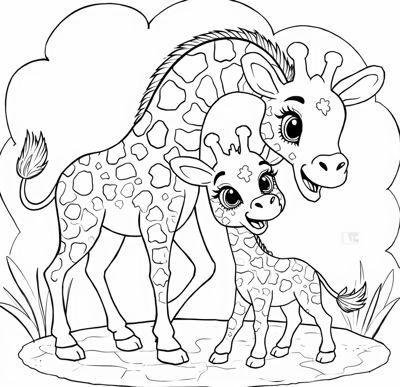 A Giraffe And A Baby Giraffe Standing Next To Each... Coloring Page