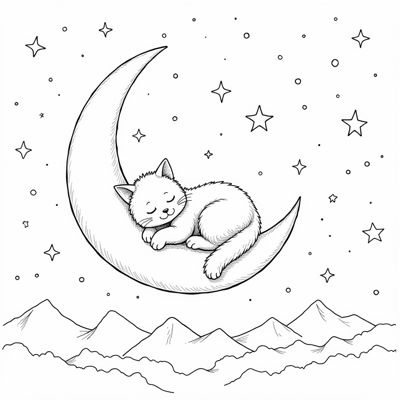 A Kawaii Fluffy Cat Sleeping With Its Tail Curled... Coloring Page