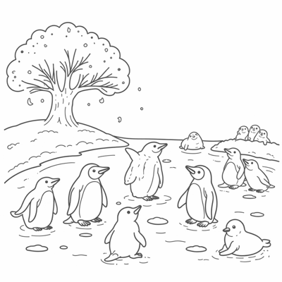 A Snowcovered Tree With A Family Of Cute Penguins... Coloring Page