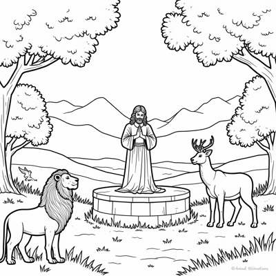 A Religious Scene Featuring A Figure In Prayer... Coloring Page