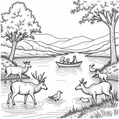 A Peaceful River Scene Where Animals Are Gathered... Coloring Page