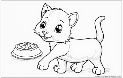 A Small Black And White Cat Is Standing Next To A... Coloring Page