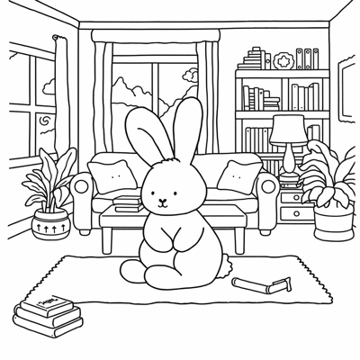 A Bunny Sitting On A Rug In A Cozy Living Room... Coloring Page