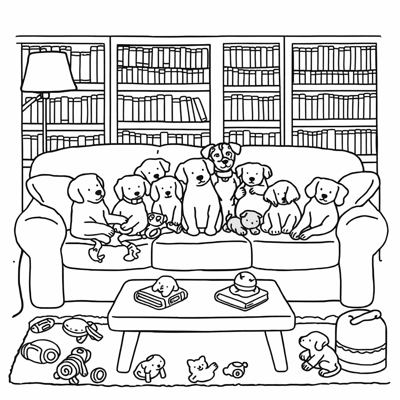 Lovely Cute Fluffy Dogs Setting On The Sofa Coloring Page