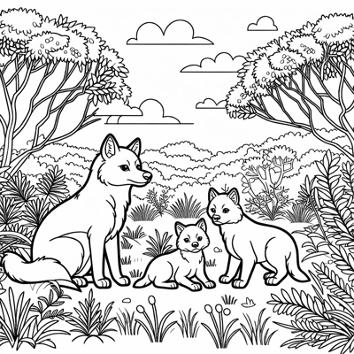 Dingo And Cubs In The Bush Coloring Page