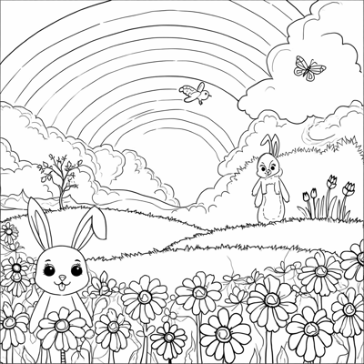 A Field Of Flowers With A Rainbow In The... Coloring Page