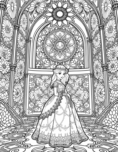 Central Figure Princess Belle In A Gown With Lace... Coloring Page