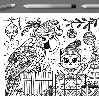 Parrot And Cat In Christmas Coloring Page