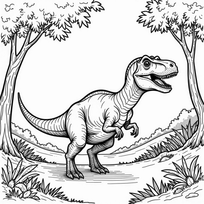 Dinosaurs Running In The Forest. Coloring Page