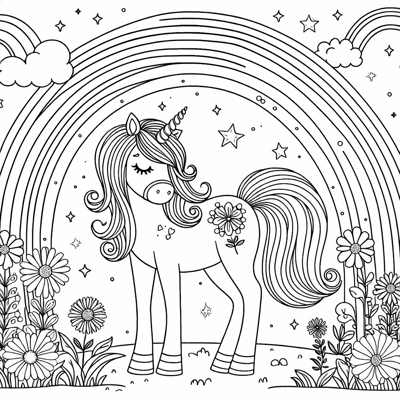 Unicorn With Flowers And Rainbows Coloring Page