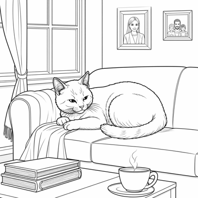 A Cat Is Sleeping On A Sofa In The Room. Coloring Page