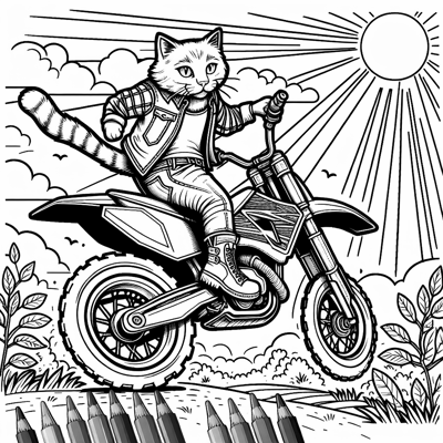 A Cat Riding A Dirt Bike Outside On A Sunny Day... Coloring Page