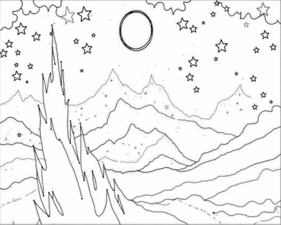 A Painting Of A Night Sky With A Large Moon And... Coloring Page