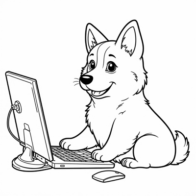 Corgi Dog Coding On A Computer Coloring Page