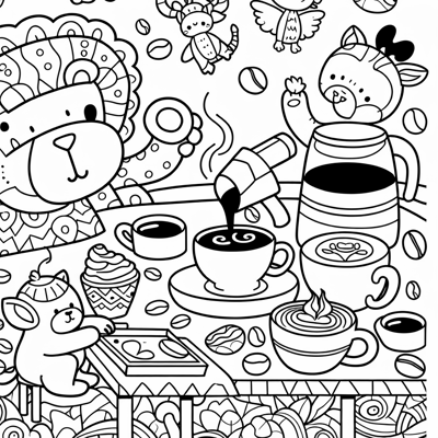 Animals Drinking Coffee Coloring Page
