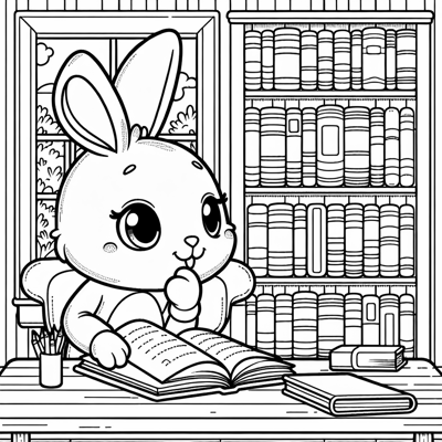 Bunny Reading Books In Library Coloring Page