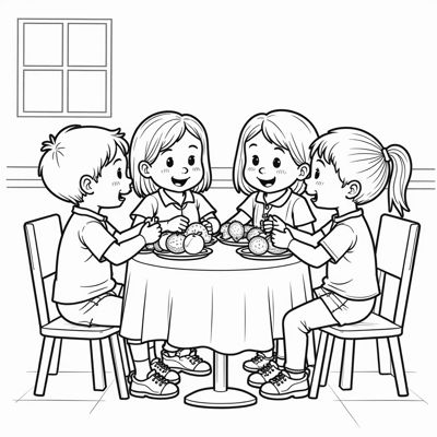 KIDS AT SCHOOL EATING FRUITS Coloring Page