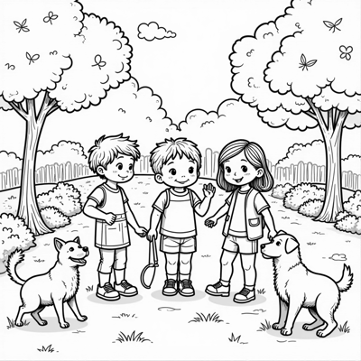 A Lot Of Kids With Their Pets (cats And Dogs) Coloring Page
