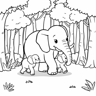 Elephant And Its Baby Walking In The Forest Coloring Page