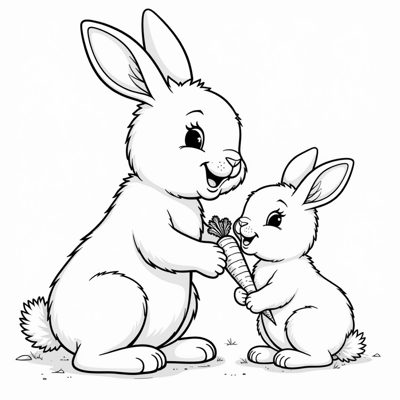 A Picture Of A Rabbit And Its Baby Eating Carrots Coloring Page