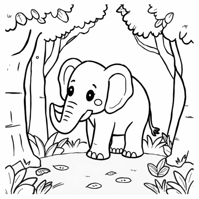 ELEPHANT IN THE FOREST Coloring Page