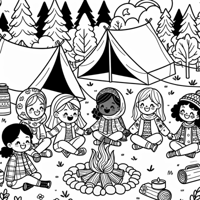 Girls Camping Coloring Page