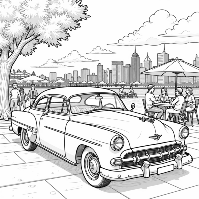 A Stylish Retro Vintage Car With Pastel Colors And... Coloring Page