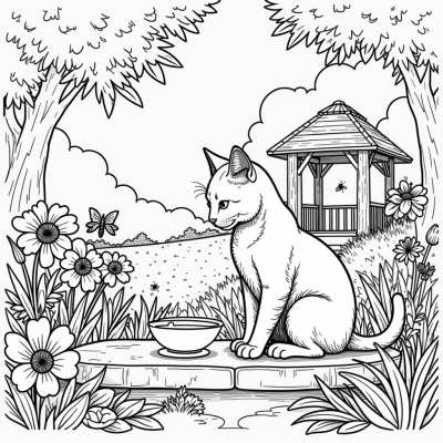 A Cat In The Garden Drinking Milk Coloring Page